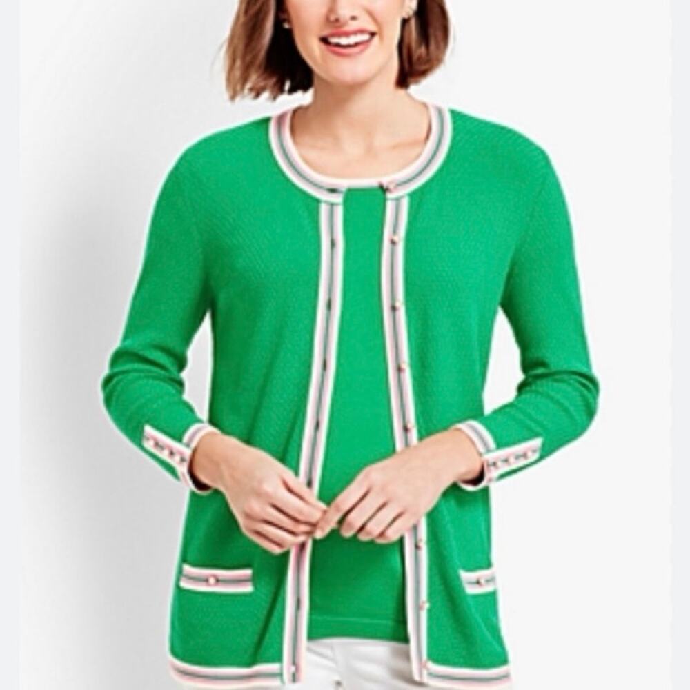 Talbots Green Cardigan Pearl Button Pink White Trim Sweater Women’s Size XS